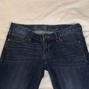 EXPRESS Barely Bootcut Ultra Low-Rise Slim Fit Dark Blue Stitched Denim Jeans